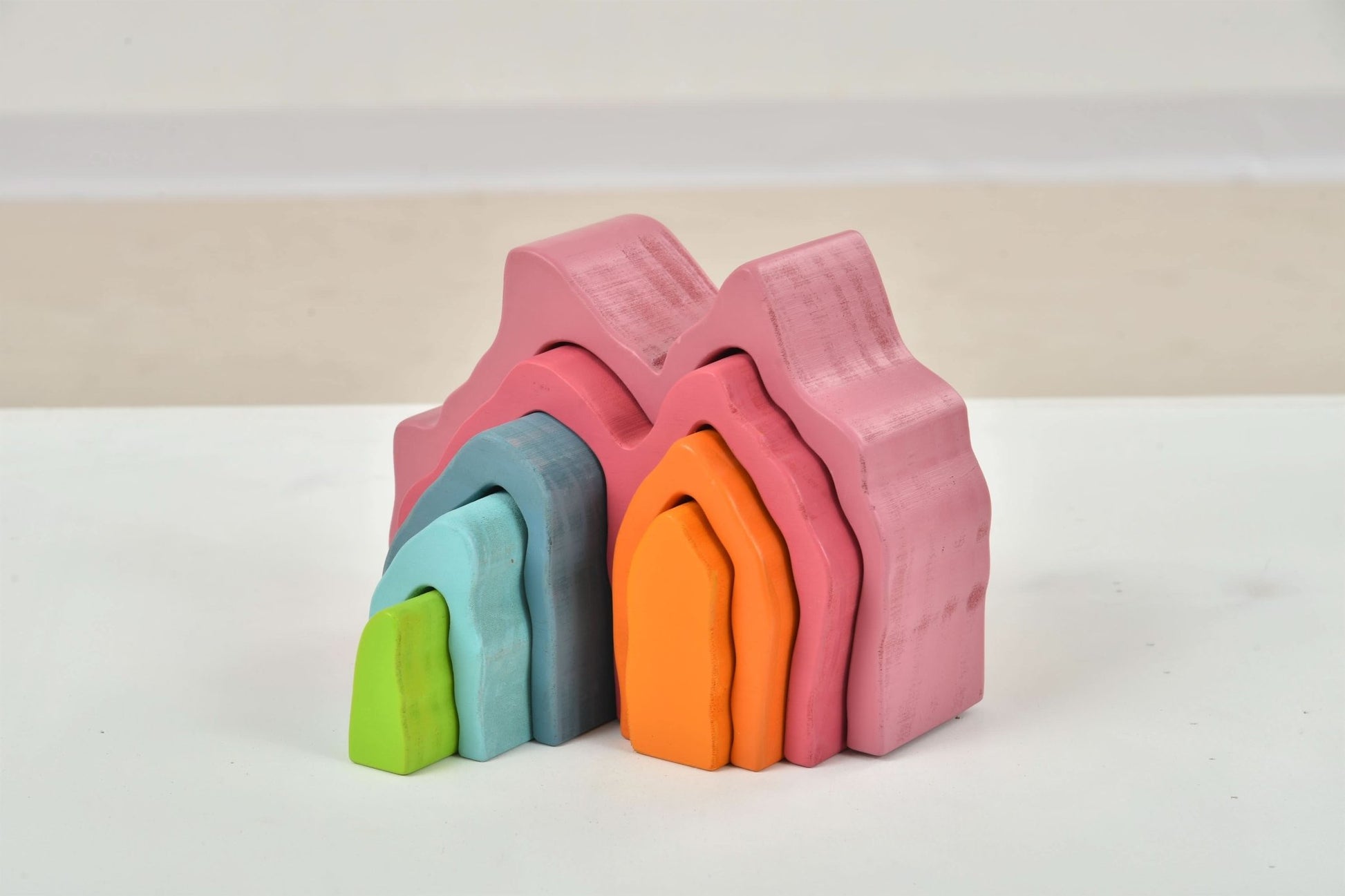 Wooden mountain rainbow stacker toy puzzle blocks - The Nurturing Nook