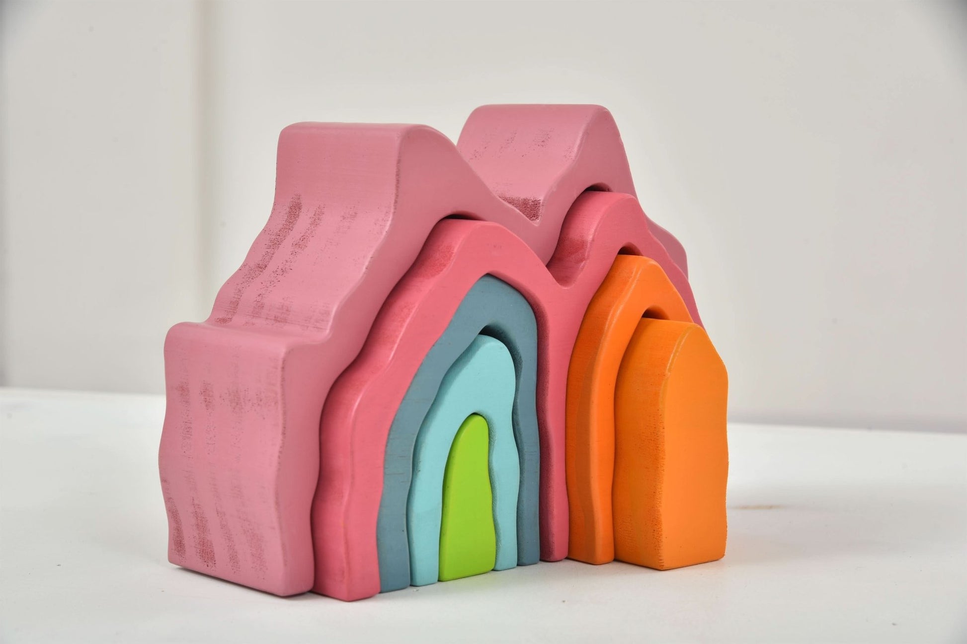 Wooden mountain rainbow stacker toy puzzle blocks - The Nurturing Nook