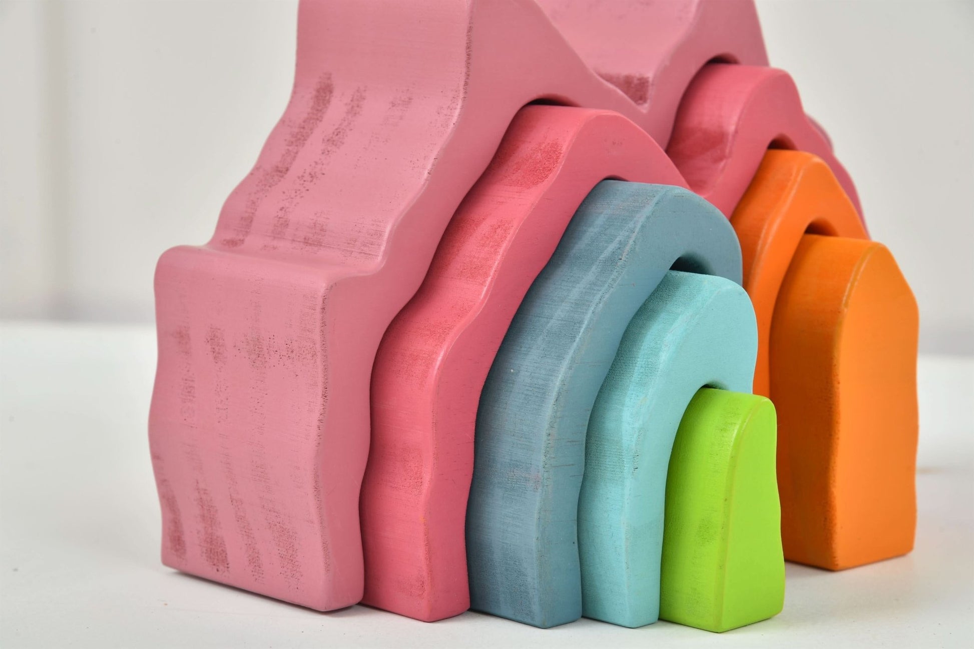 Wooden mountain rainbow stacker toy puzzle blocks - The Nurturing Nook