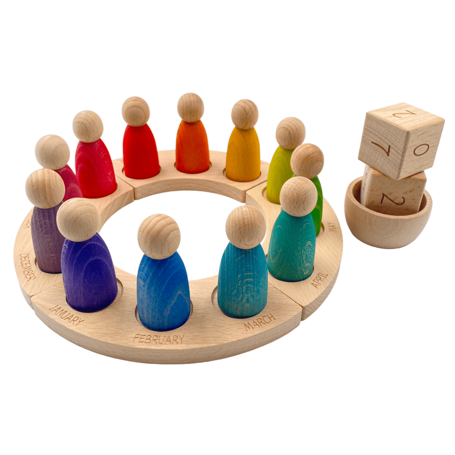 Wooden Perpetual Calendar with 12 Stained Rainbow Peg Figures - The Nurturing Nook