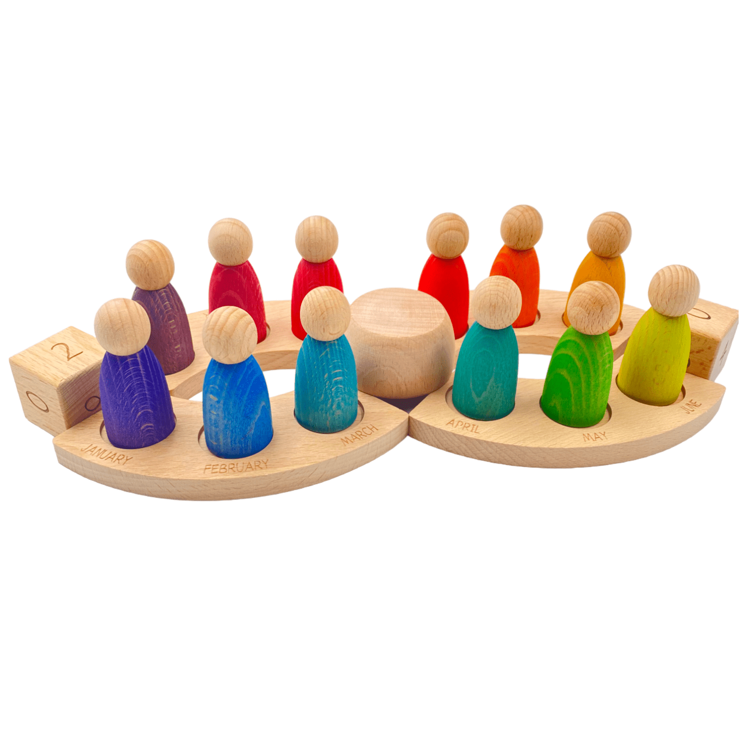 Wooden Perpetual Calendar with 12 Stained Rainbow Peg Figures - The Nurturing Nook