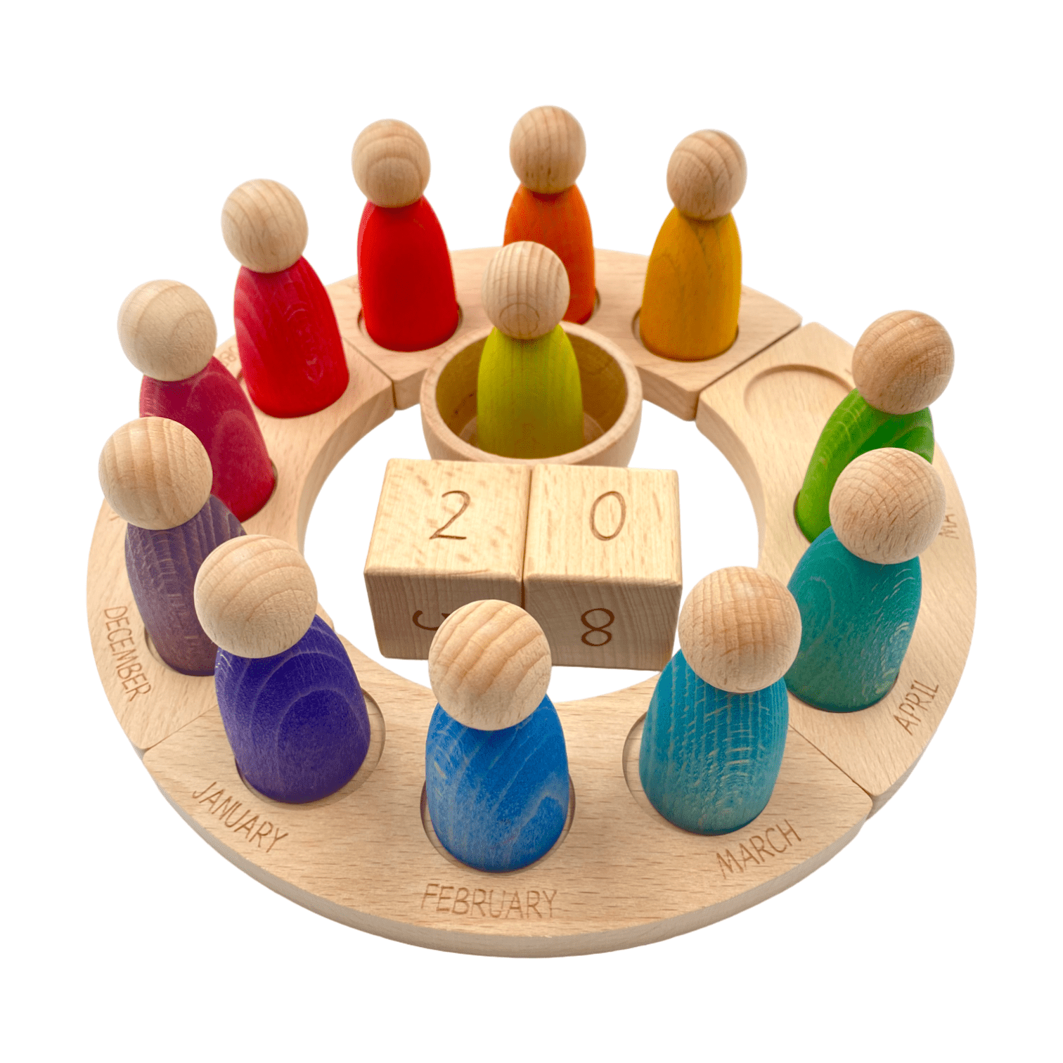 Wooden Perpetual Calendar with 12 Stained Rainbow Peg Figures - The Nurturing Nook