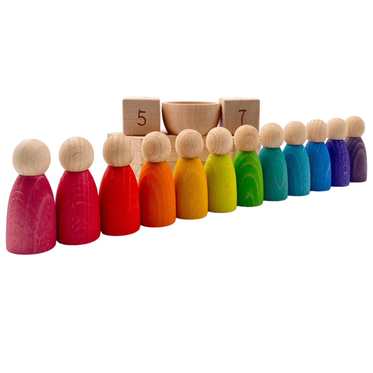 Wooden Perpetual Calendar with 12 Stained Rainbow Peg Figures - The Nurturing Nook