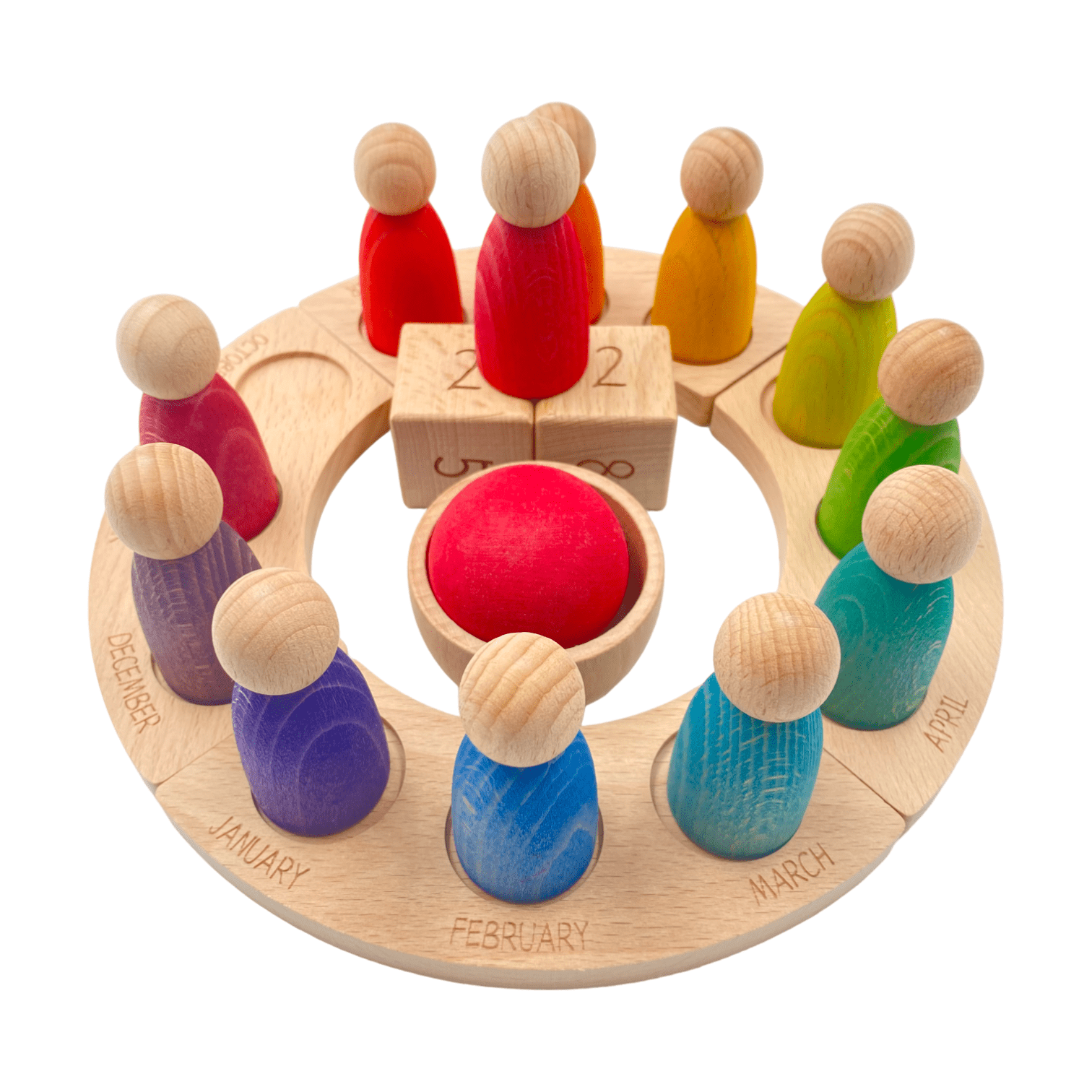 Wooden Perpetual Calendar with 12 Stained Rainbow Peg Figures - The Nurturing Nook