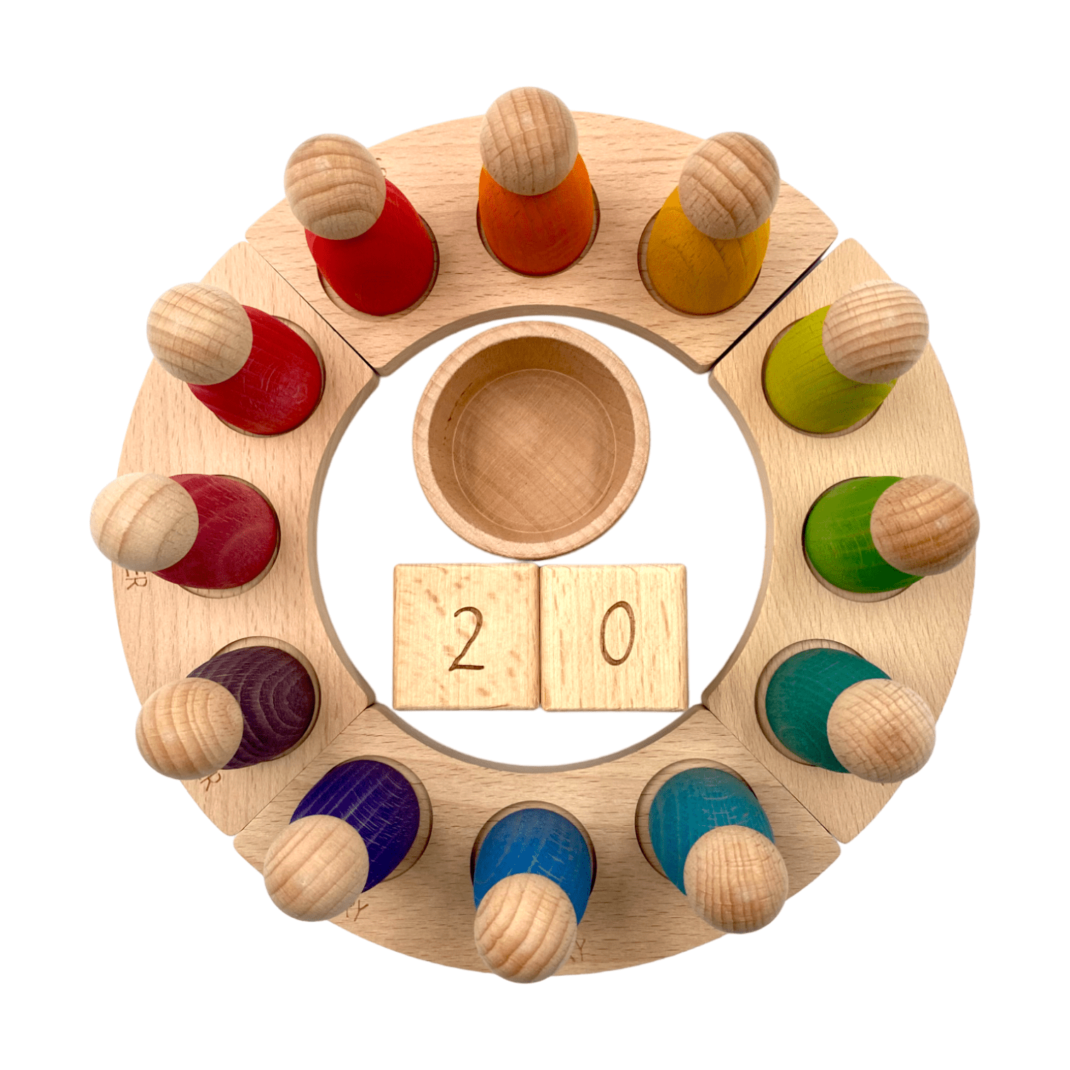 Wooden Perpetual Calendar with 12 Stained Rainbow Peg Figures - The Nurturing Nook