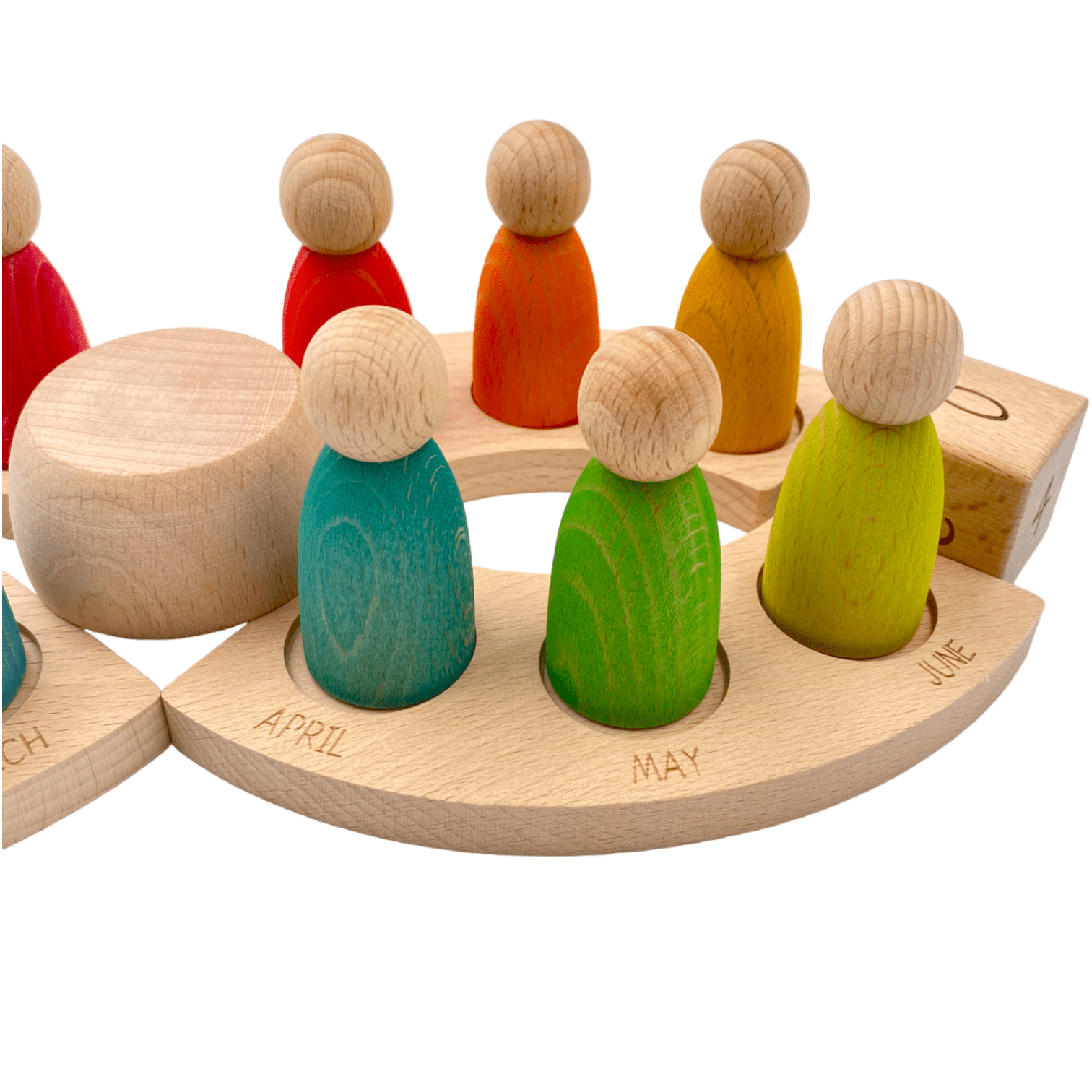 Wooden Perpetual Calendar with 12 Stained Rainbow Peg Figures - The Nurturing Nook