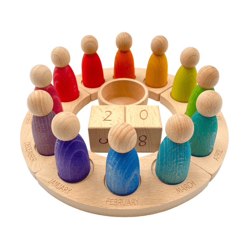 Wooden perpetual calendar with 12 stained rainbow peg figures
