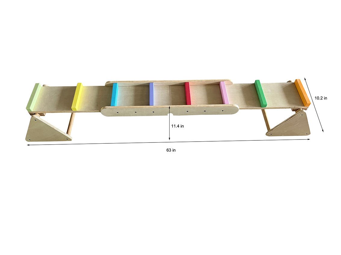 Wooden rainbow seesaw and balance beam - The Nurturing Nook