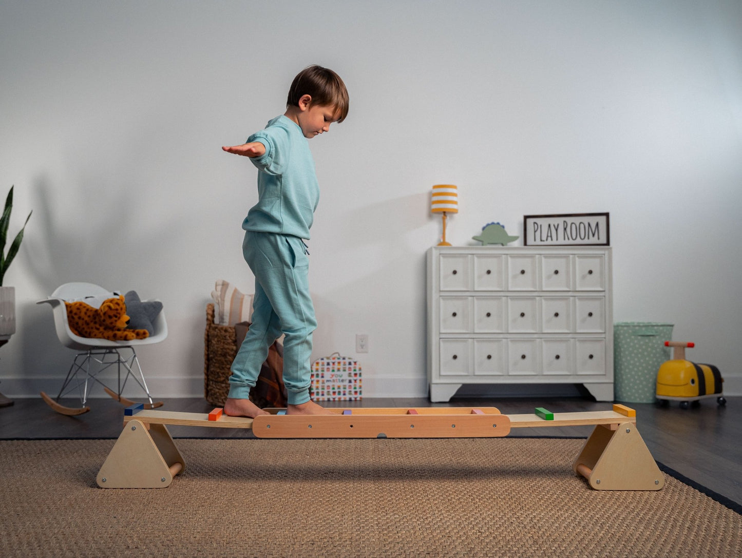 Wooden rainbow seesaw and balance beam - The Nurturing Nook