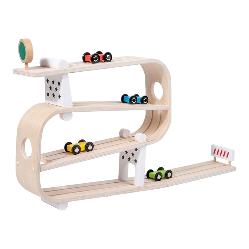 Wooden ramp racer with 4 cars