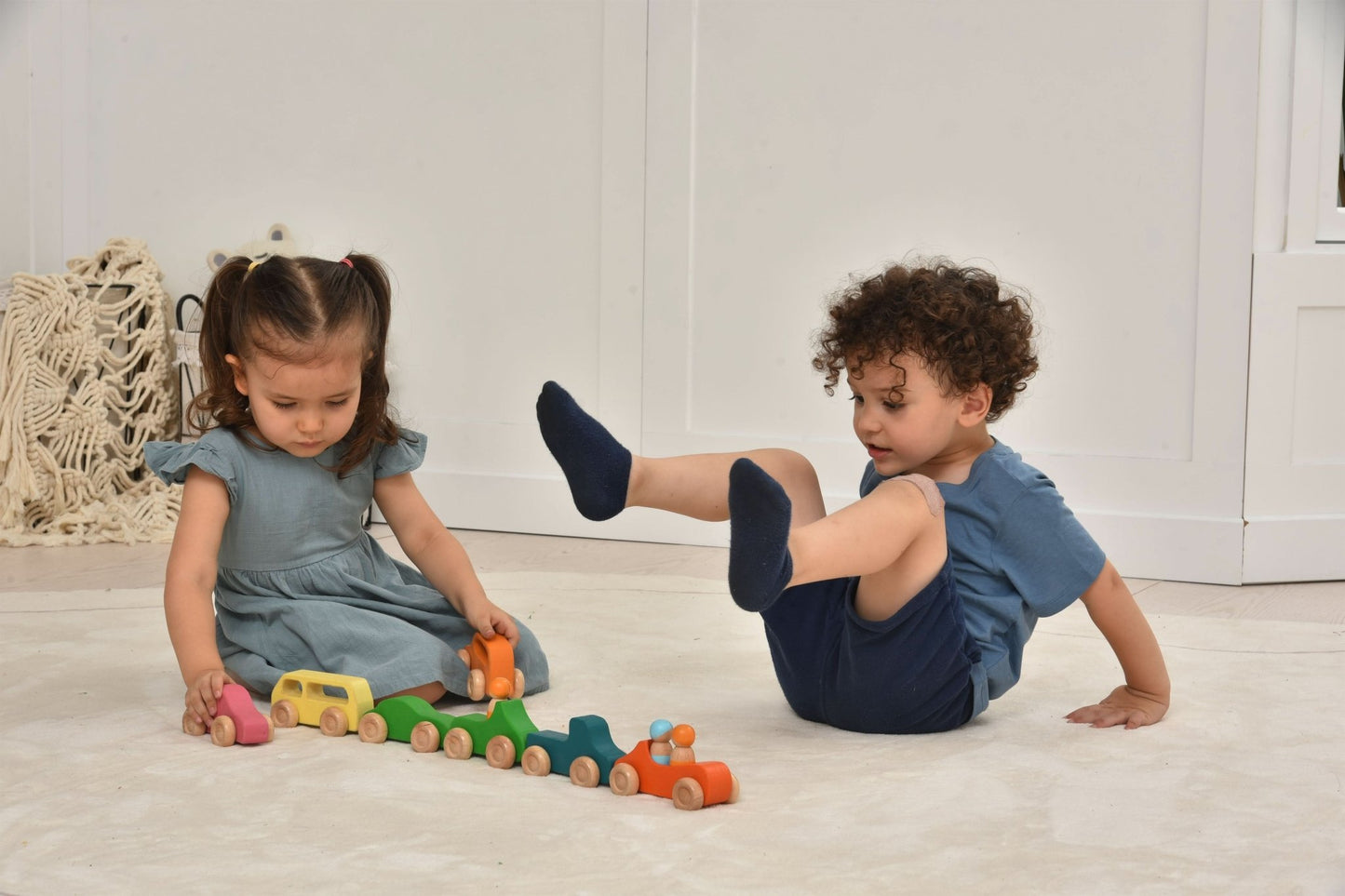 Wooden toy car set with peg doll figures - 10 piece set - The Nurturing Nook