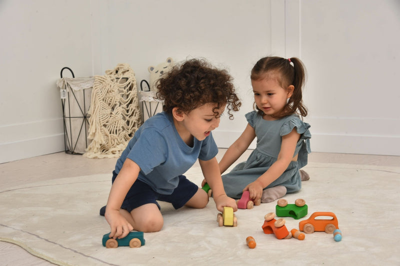 Wooden toy car set with peg doll figures - 10 piece set