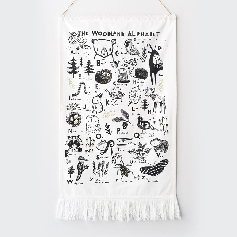 Woodland alphabet organic cotton nursery wall tapestry decor