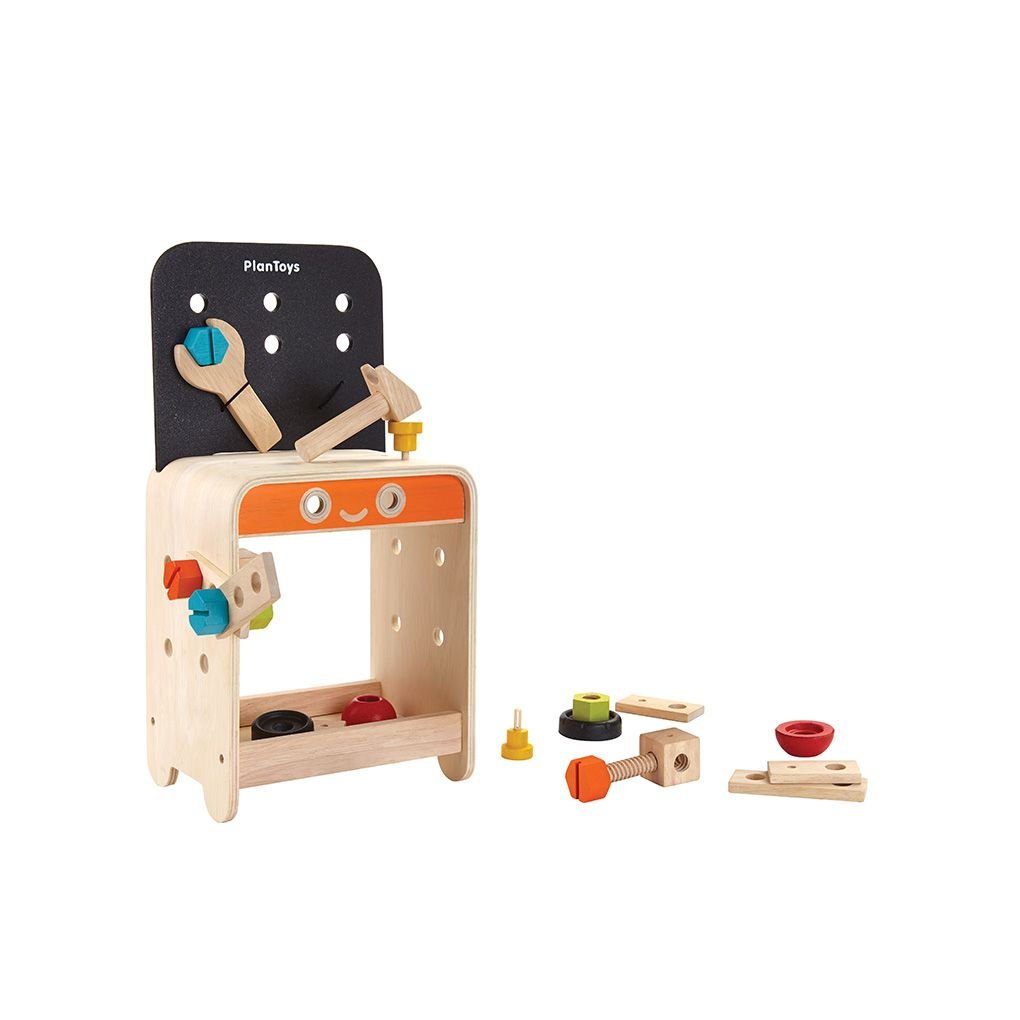 PlanToys wooden workbench playset with tools – 22-piece set