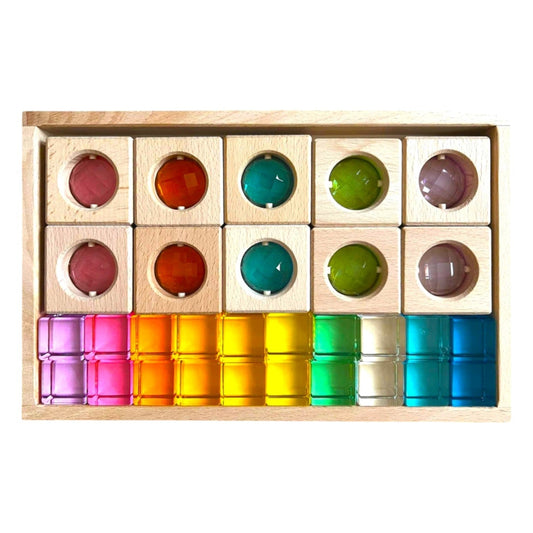 10 PCS Square Gemmed Translucent Blocks and 20 PCS Lucite Cubes Set in Pastel Colors with Storage Tray - The Nurturing Nook