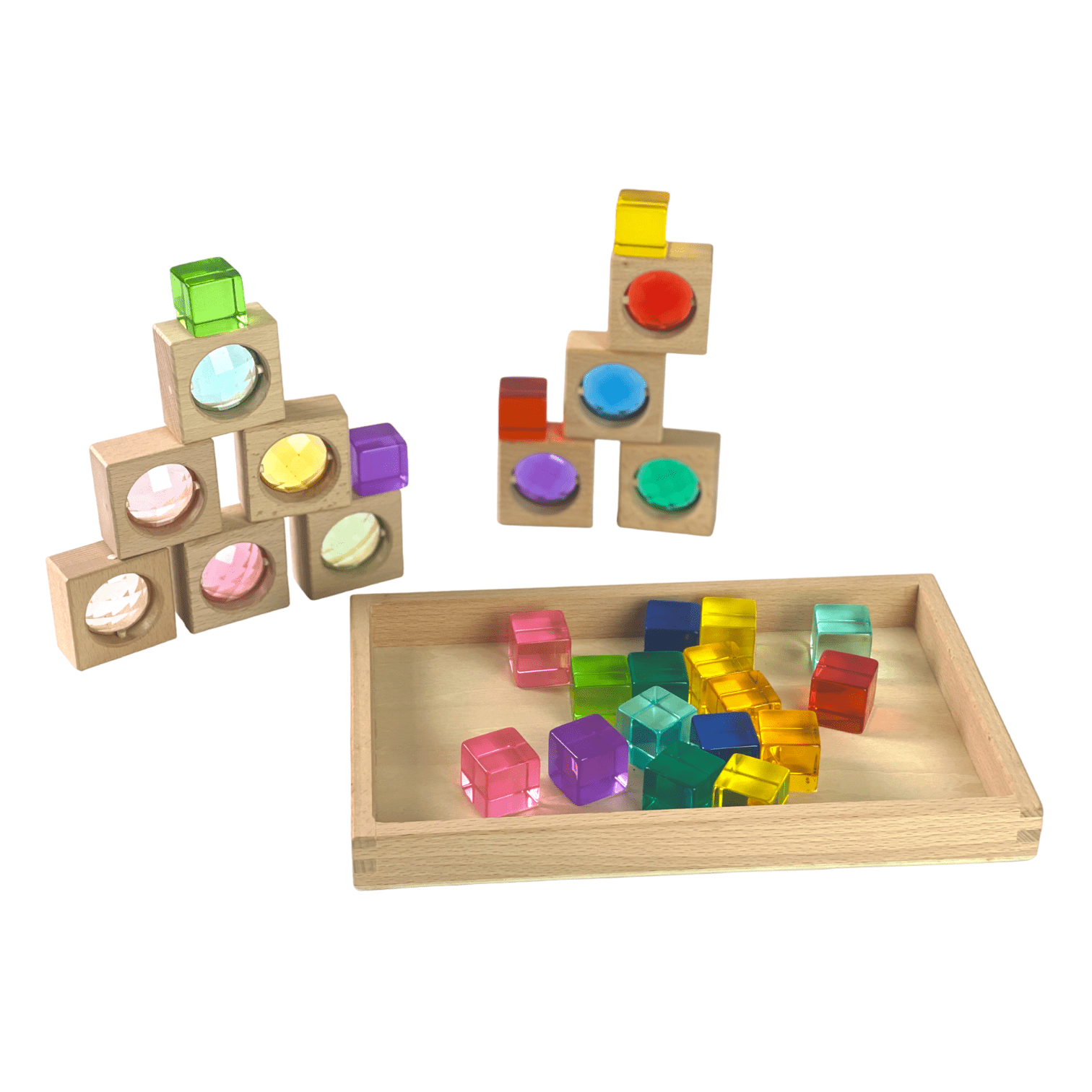 10 Pcs Square Gemmed Translucent Blocks and 20 Pcs Lucite Cubes Set with Storage Tray - The Nurturing Nook