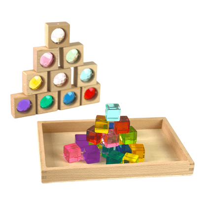 10 Pcs Square Gemmed Translucent Blocks and 20 Pcs Lucite Cubes Set with Storage Tray - The Nurturing Nook