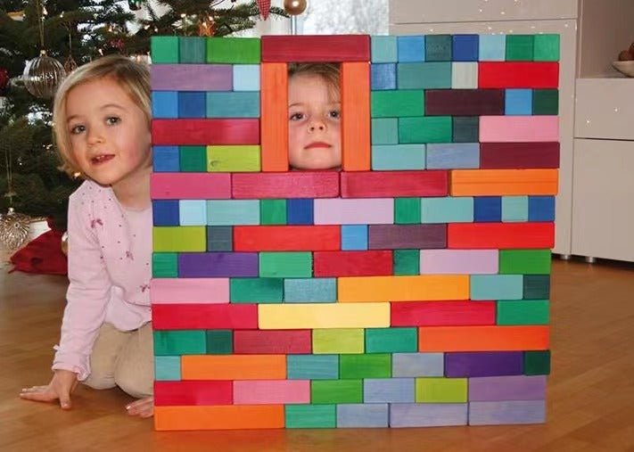 100 Pcs STAINED Large Stepped Pyramid Wooden Stacking Building Blocks - The Nurturing Nook