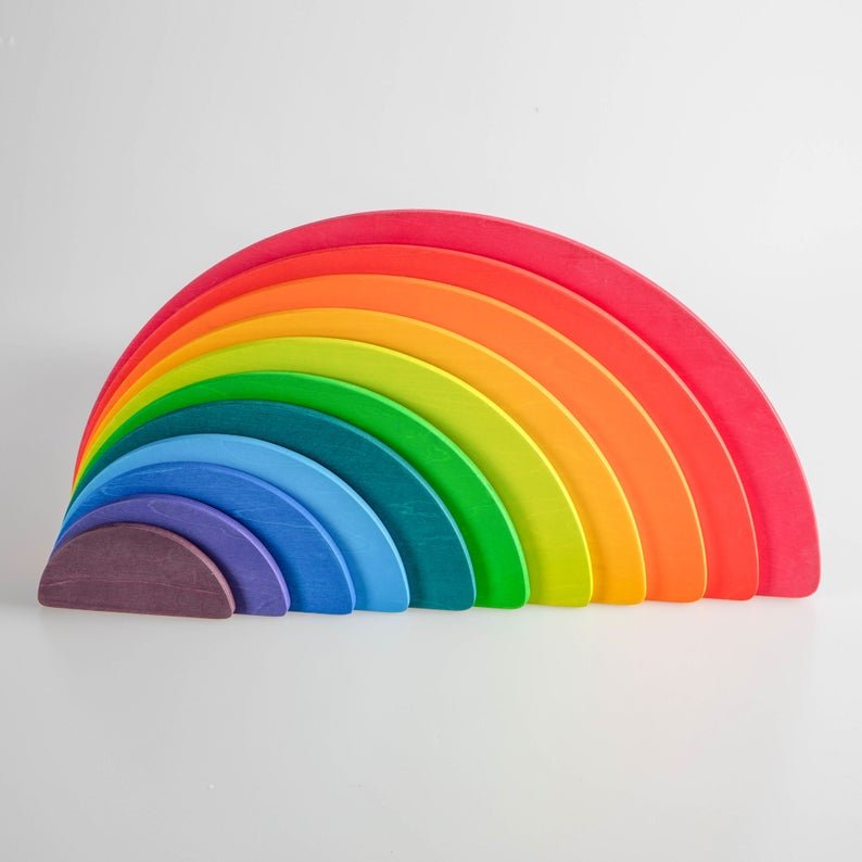 11 Pcs Large Wooden Rainbow Stacking Semi - circles Building Boards Set in Primary Colors - The Nurturing Nook