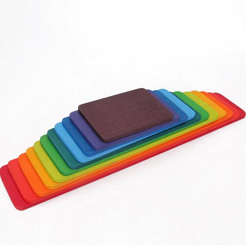 11 Pcs Wooden Rainbow Rectangular Building Boards in Primary Colors - The Nurturing Nook