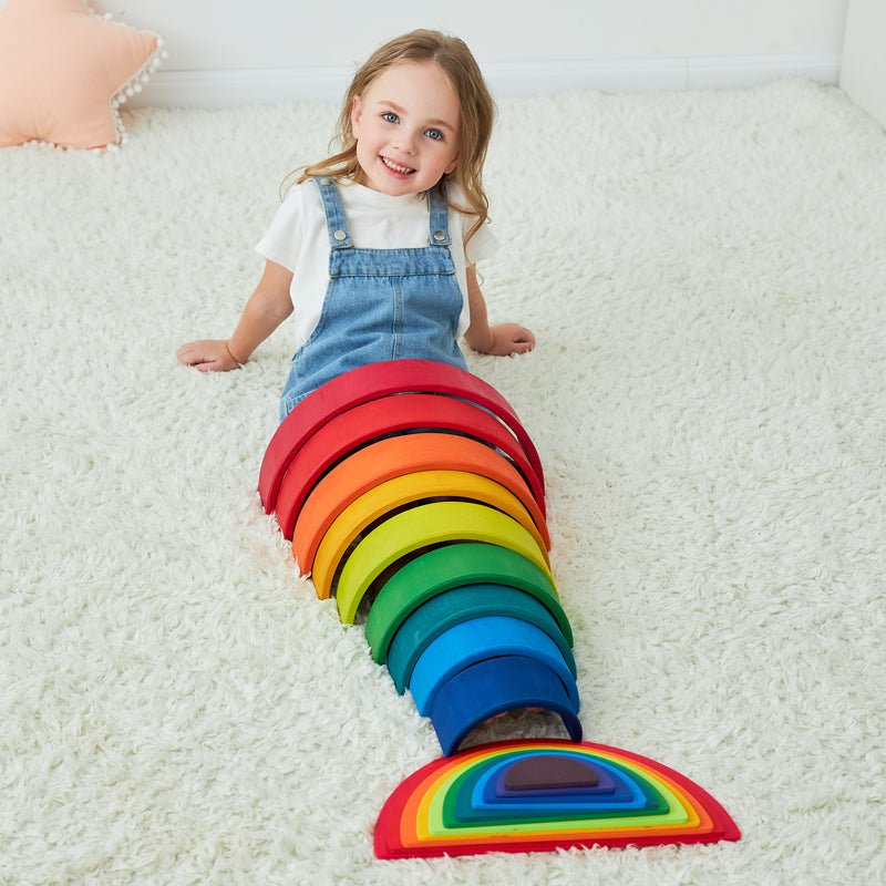 12 Pcs Large Wooden Rainbow Stacking Blocks in Primary Colors - The Nurturing Nook