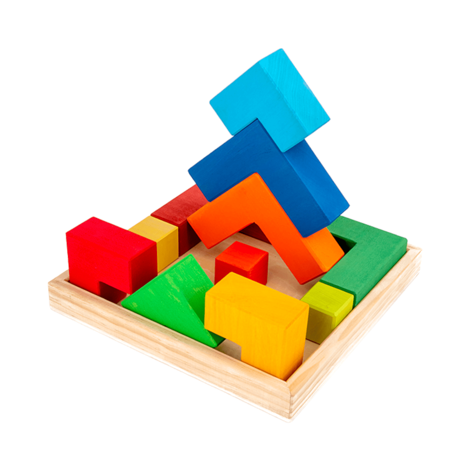 12 Pcs STAINED Large Rainbow Wooden Creative Puzzle Square Blocks with Storage Tray - The Nurturing Nook