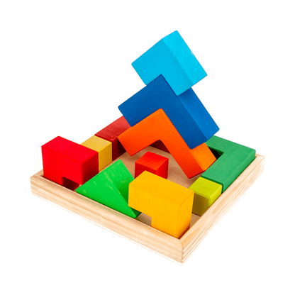 12 Pcs STAINED Large Rainbow Wooden Creative Puzzle Square Blocks with Storage Tray - The Nurturing Nook