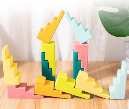 12 Pcs STAINED Stepped Roofs Building Blocks in Pastel/Macaron Colors - The Nurturing Nook
