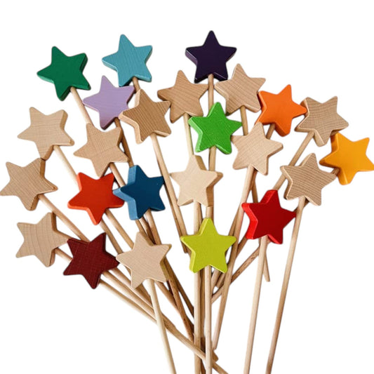 12 PCS Wooden Star Wand Set in Rainbow and Natural Colors - The Nurturing Nook