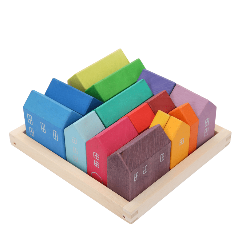 15 Pcs Little Village Wooden House Toys Building Blocks - The Nurturing Nook