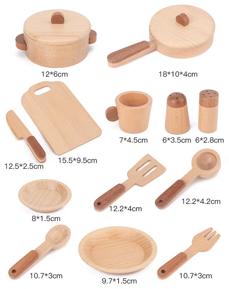 15 Pcs Wooden Kitchen Cookware Playset - The Nurturing Nook