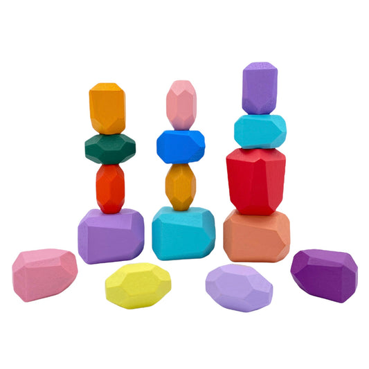16 Pcs Wooden Stone Balancing Stacking Blocks in Pastel/Macaron Colors - The Nurturing Nook