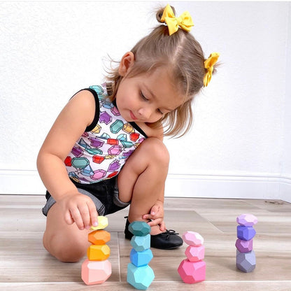16 Pcs Wooden Stone Balancing Stacking Blocks in Pastel/Macaron Colors - The Nurturing Nook