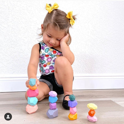 16 Pcs Wooden Stone Balancing Stacking Blocks in Pastel/Macaron Colors - The Nurturing Nook