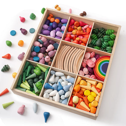 **Pre-order (Ships in 2-3 weeks)** NEW 252 Pcs Mandala Loose Parts with Mini Rainbow and Mini Natural Wooden Building Blocks Play Set