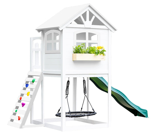 Children's playhouse with slide, swing, and climbing wall on a white background