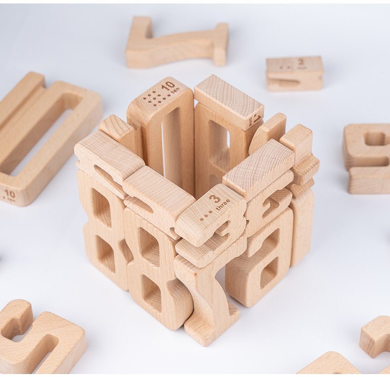 32 Pcs Wooden Math Number Building Blocks Set with Tray - The Nurturing Nook