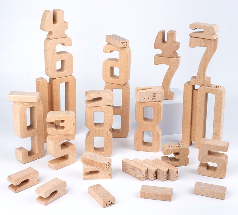 32 Pcs Wooden Math Number Building Blocks Set with Tray - The Nurturing Nook