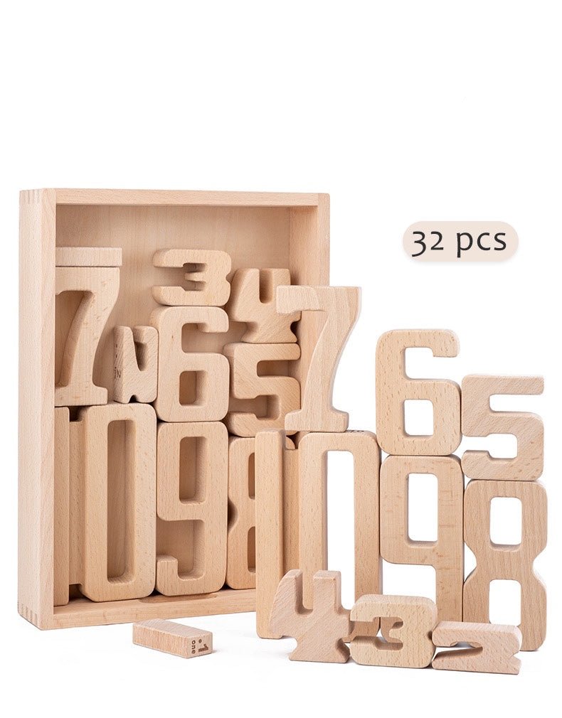 32 Pcs Wooden Math Number Building Blocks Set with Tray - The Nurturing Nook