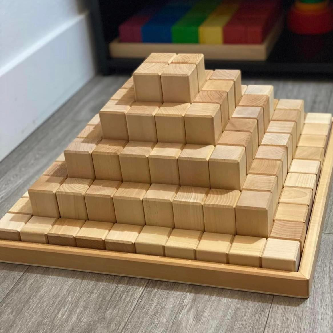 **Pre-order (Ships in 2-3 Weeks)**100 Pcs Large Natural Stepped Pyramid Wooden Stacking Building Blocks