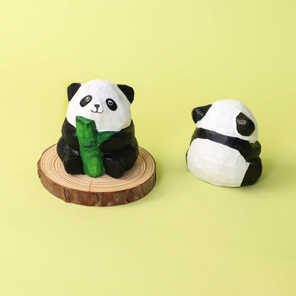 Hand-Carved Wooden Panda Figurine – Cute Handmade Decor with Mini Accessories
