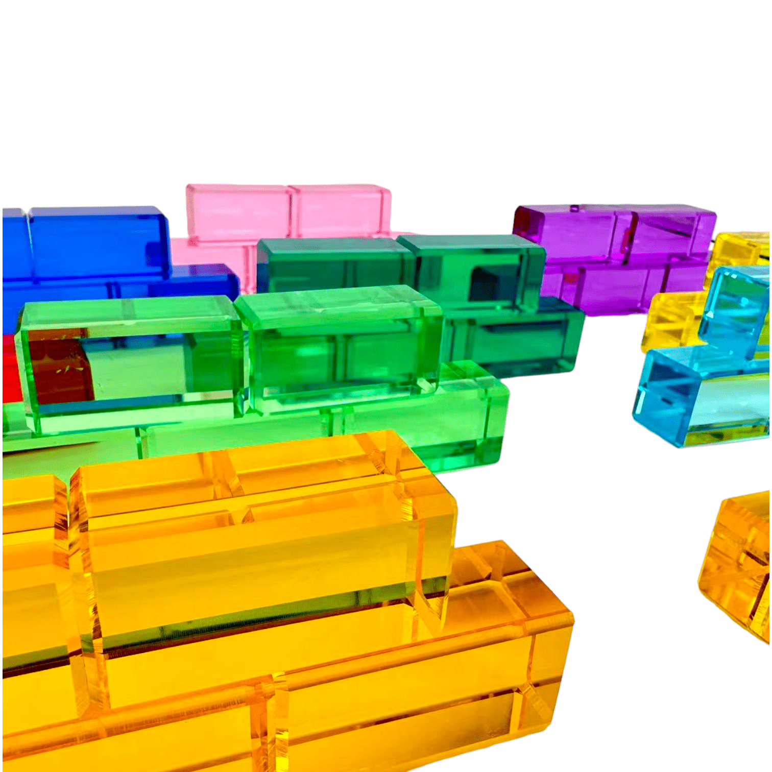 50 Pcs Rainbow Crystal Clear Translucent Rectangular Lucite Building Blocks Set with Storage Tray - The Nurturing Nook