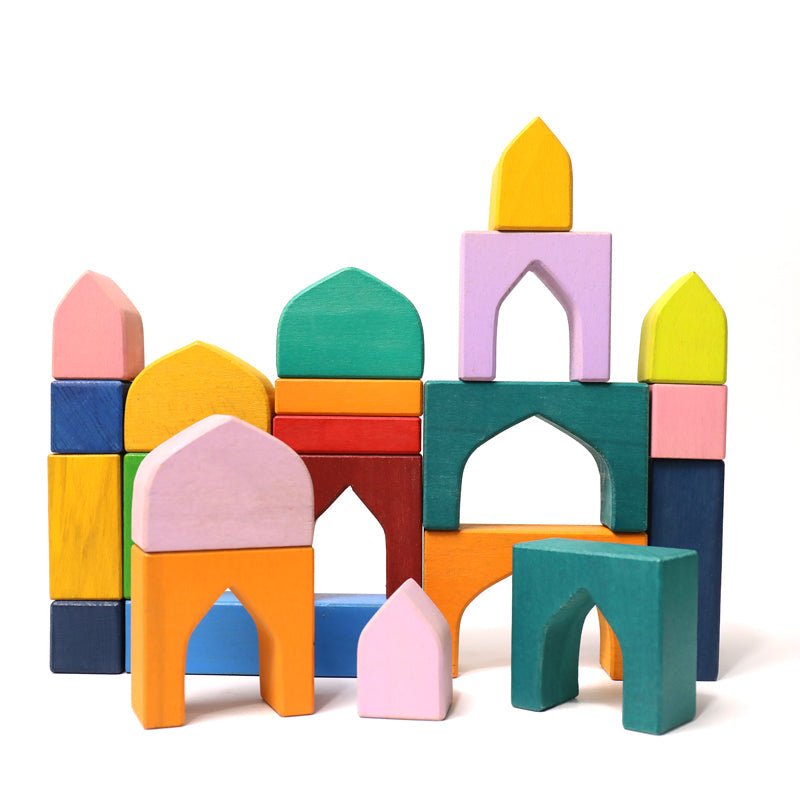 54 Pcs STAINED Arabian 1001 Nights Inspired Wooden Building Blocks Set with Tray - The Nurturing Nook