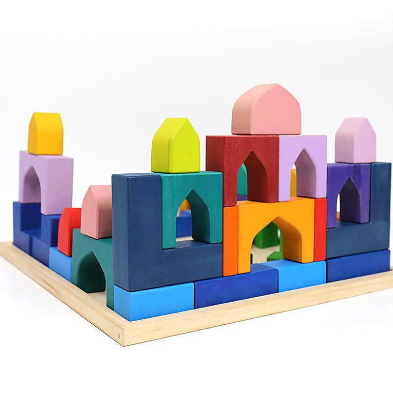 54 Pcs STAINED Arabian 1001 Nights Inspired Wooden Building Blocks Set with Tray - The Nurturing Nook
