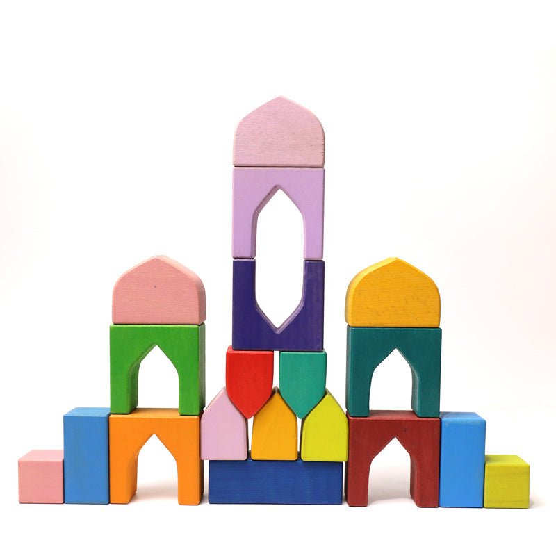54 Pcs STAINED Arabian 1001 Nights Inspired Wooden Building Blocks Set with Tray - The Nurturing Nook