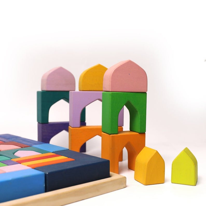 54 Pcs STAINED Arabian 1001 Nights Inspired Wooden Building Blocks Set with Tray - The Nurturing Nook