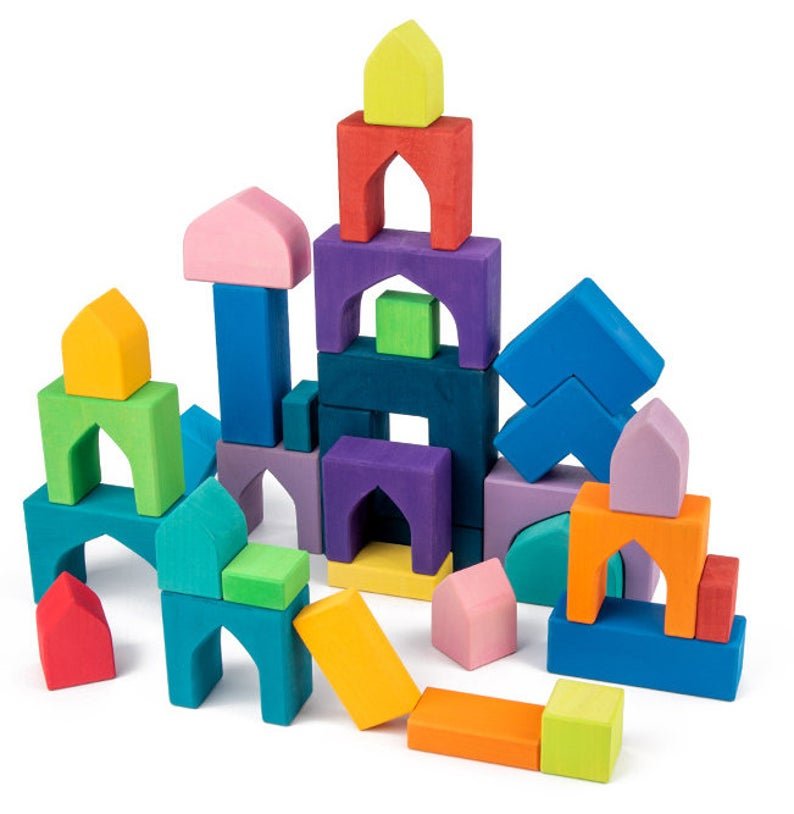 54 Pcs STAINED Arabian 1001 Nights Inspired Wooden Building Blocks Set with Tray - The Nurturing Nook