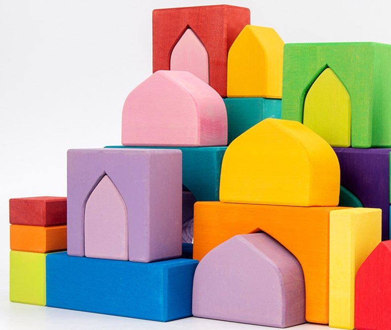54 Pcs STAINED Arabian 1001 Nights Inspired Wooden Building Blocks Set with Tray - The Nurturing Nook