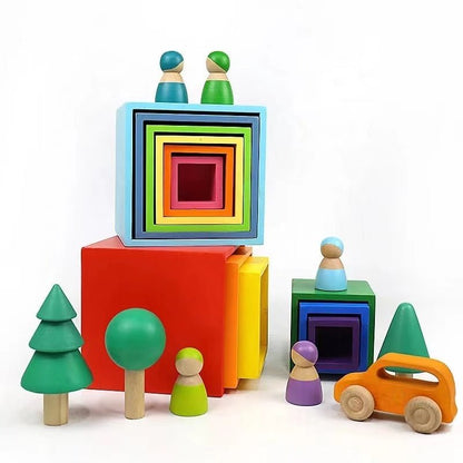 6 Pcs Colored Wooden Nesting Box Set in Pastel/Macaron Color - The Nurturing Nook