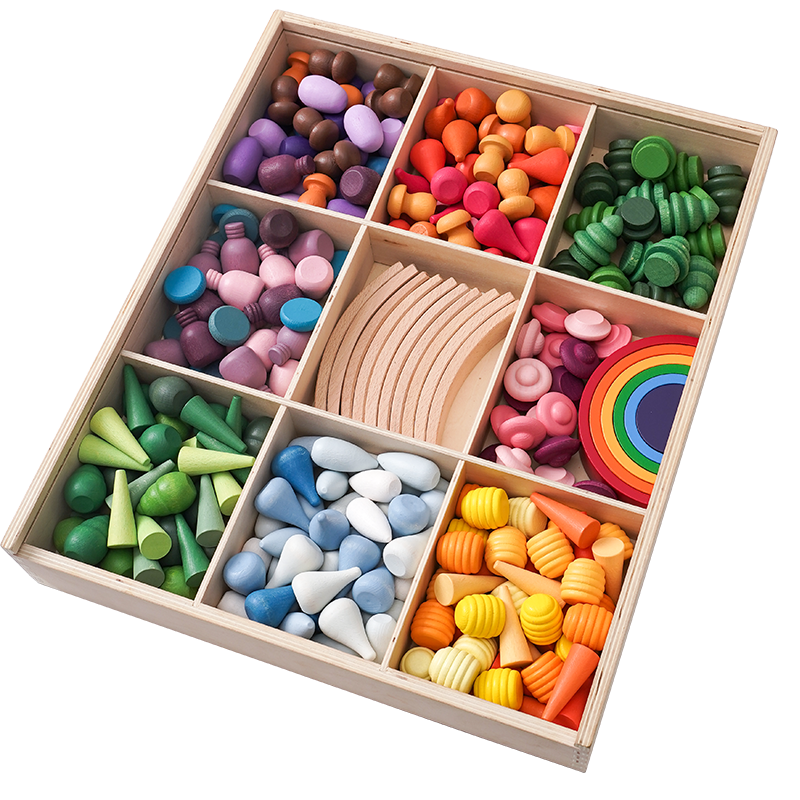 **Pre-order (Ships in 2-3 weeks)** NEW 252 Pcs Mandala Loose Parts with Mini Rainbow and Mini Natural Wooden Building Blocks Play Set
